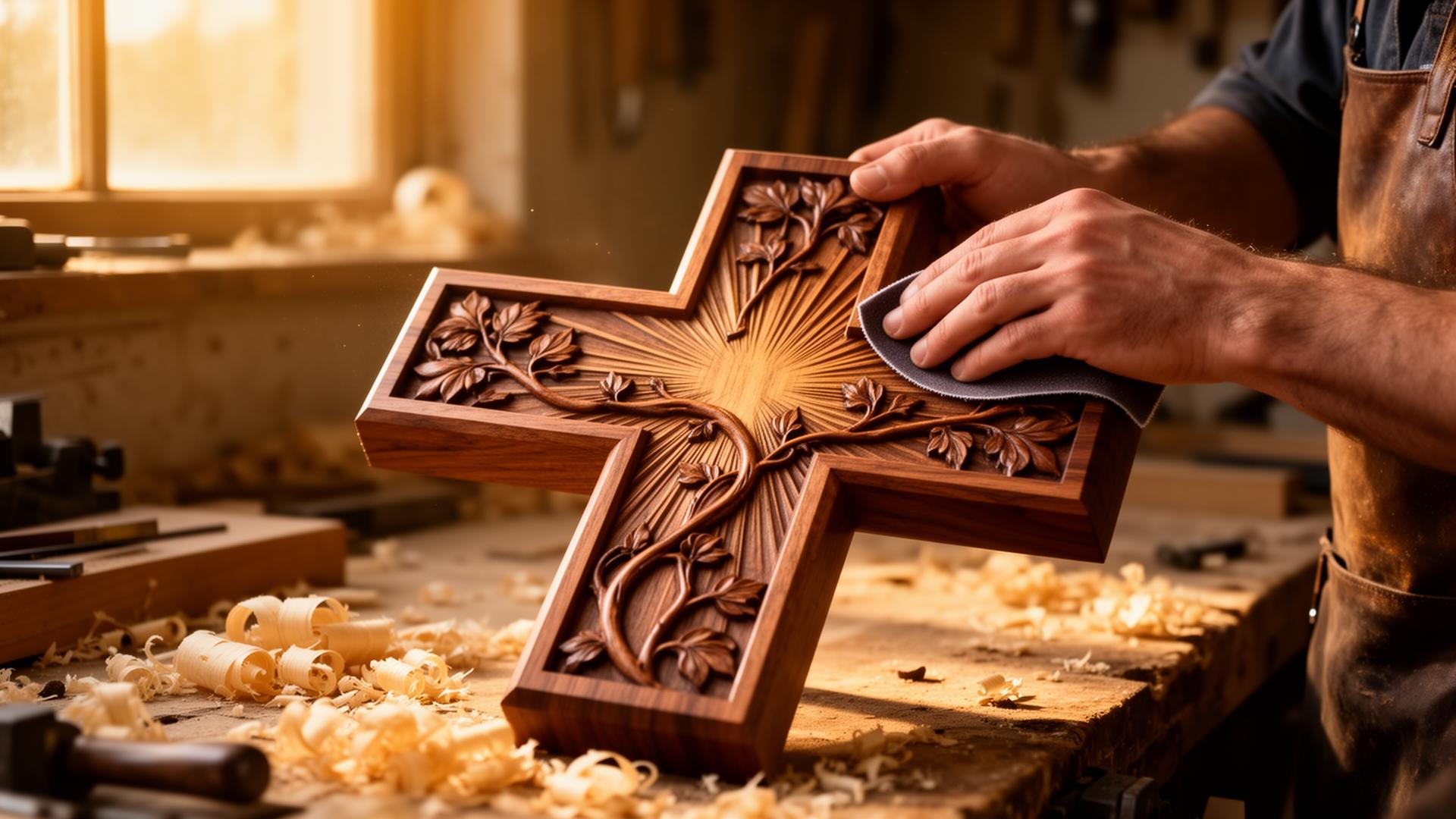 Hand-carved wooden cross being finished in the workshop